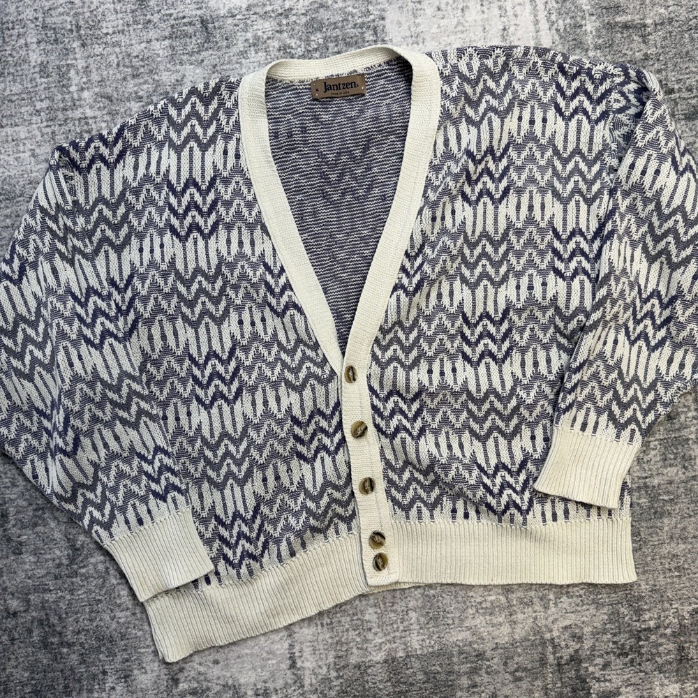 Vintage Jantzen Sweater Adult XL Purple Cream Chevron Knit Cardigan Grandpa 90s